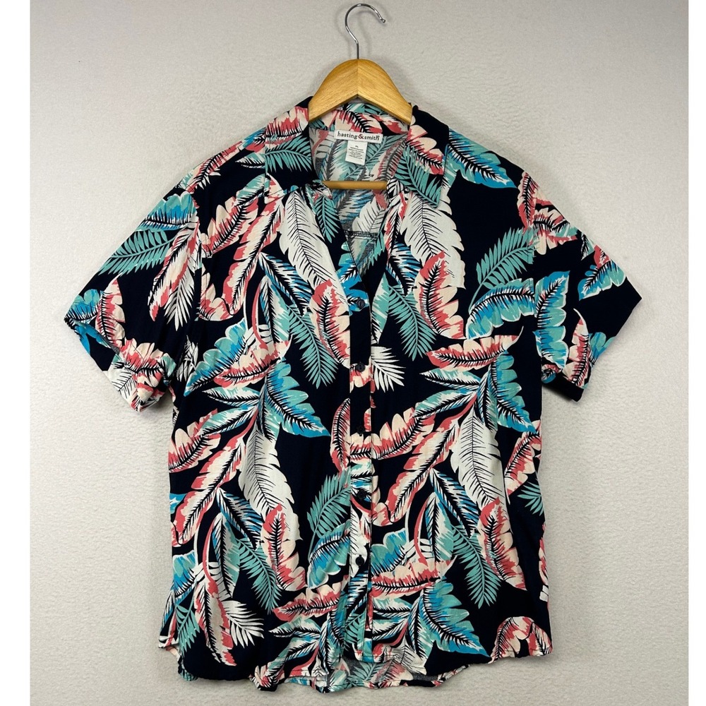 Tropical Hawaiian Hasting & Smith Womens XL Navy Blue Rayon Leaf Button Up Shirt